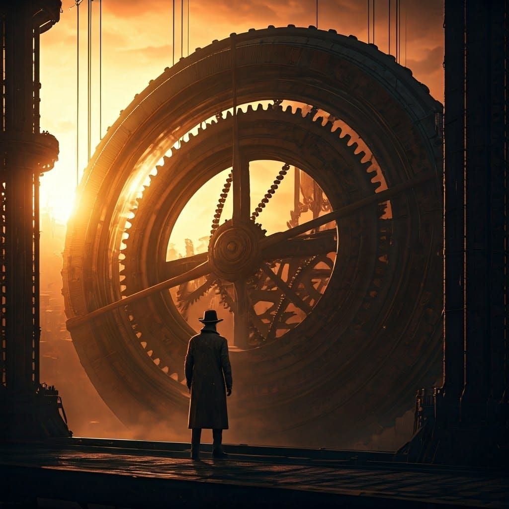 Figure Against Giant Clockwork Mechanism