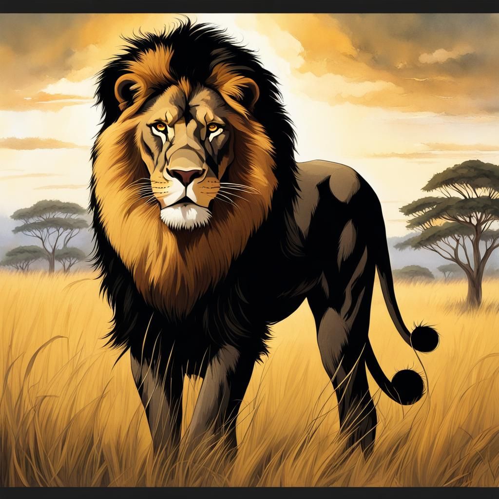 Majestic Black Lion in Golden Savanna