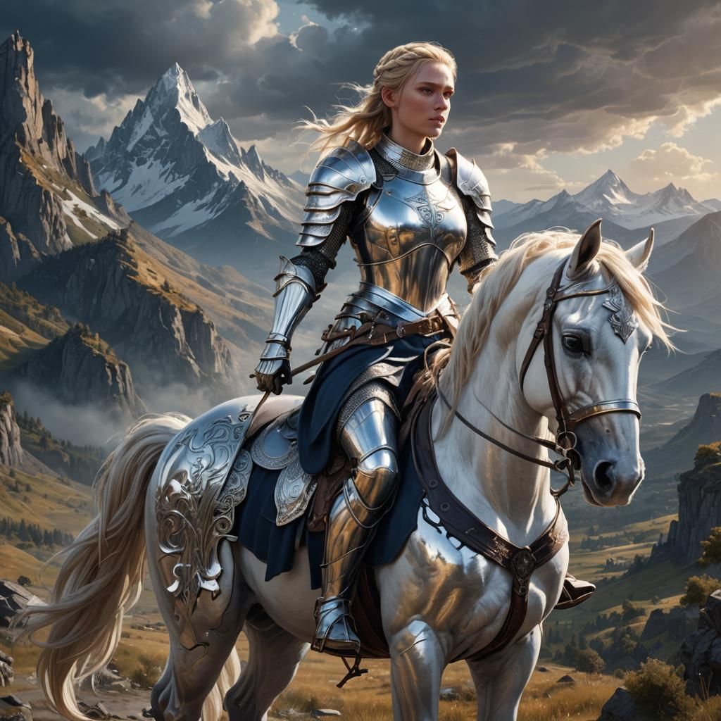 Female Knight on White Horse: Dark Fantasy Concept Art