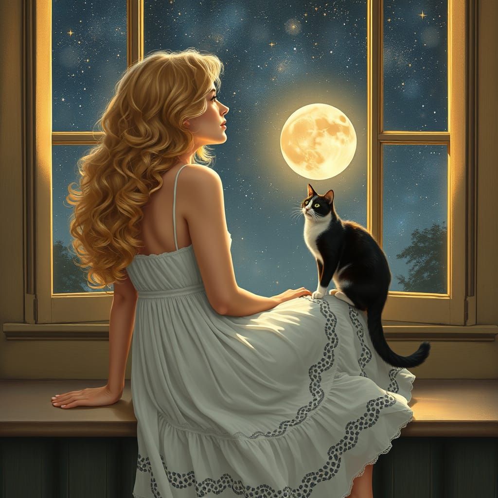 Ethereal Blonde Woman Sits Serenely with Black and White Cat