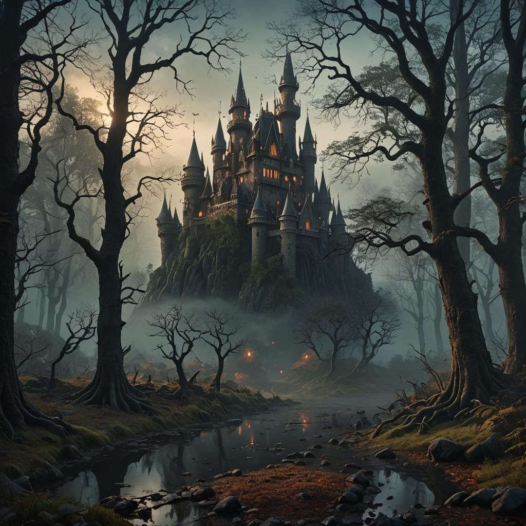 Mystical Dark Forest with Hidden Castle