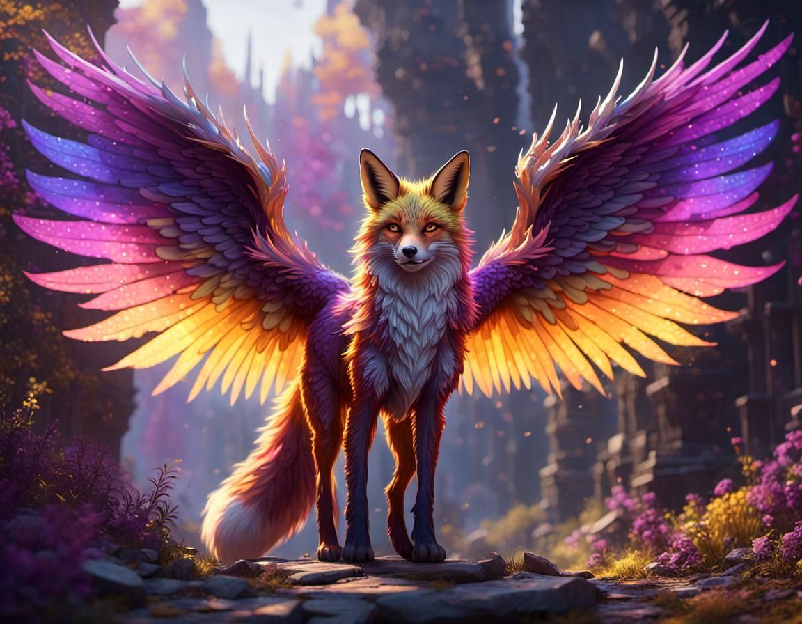 Rainbow Fox Wings: Dark Fantasy Concept Art
