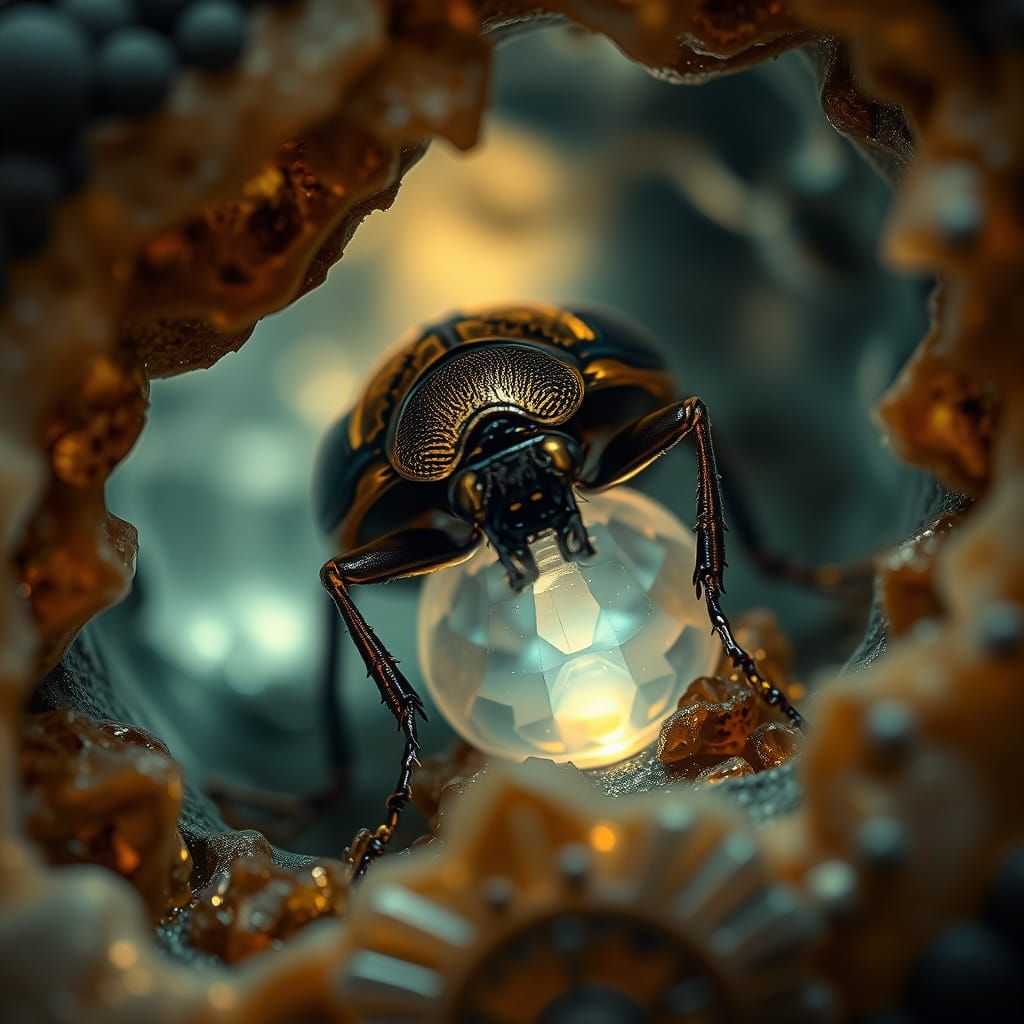 Clockwork Beetle Polishing Gemstone: Steampunk Macro Photogr...