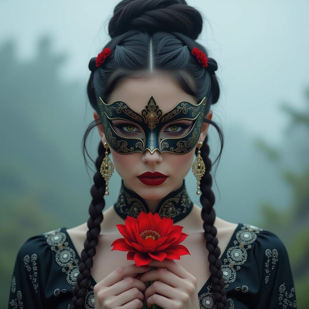 Mysterious Woman with Mask in Atmospheric Digital Art