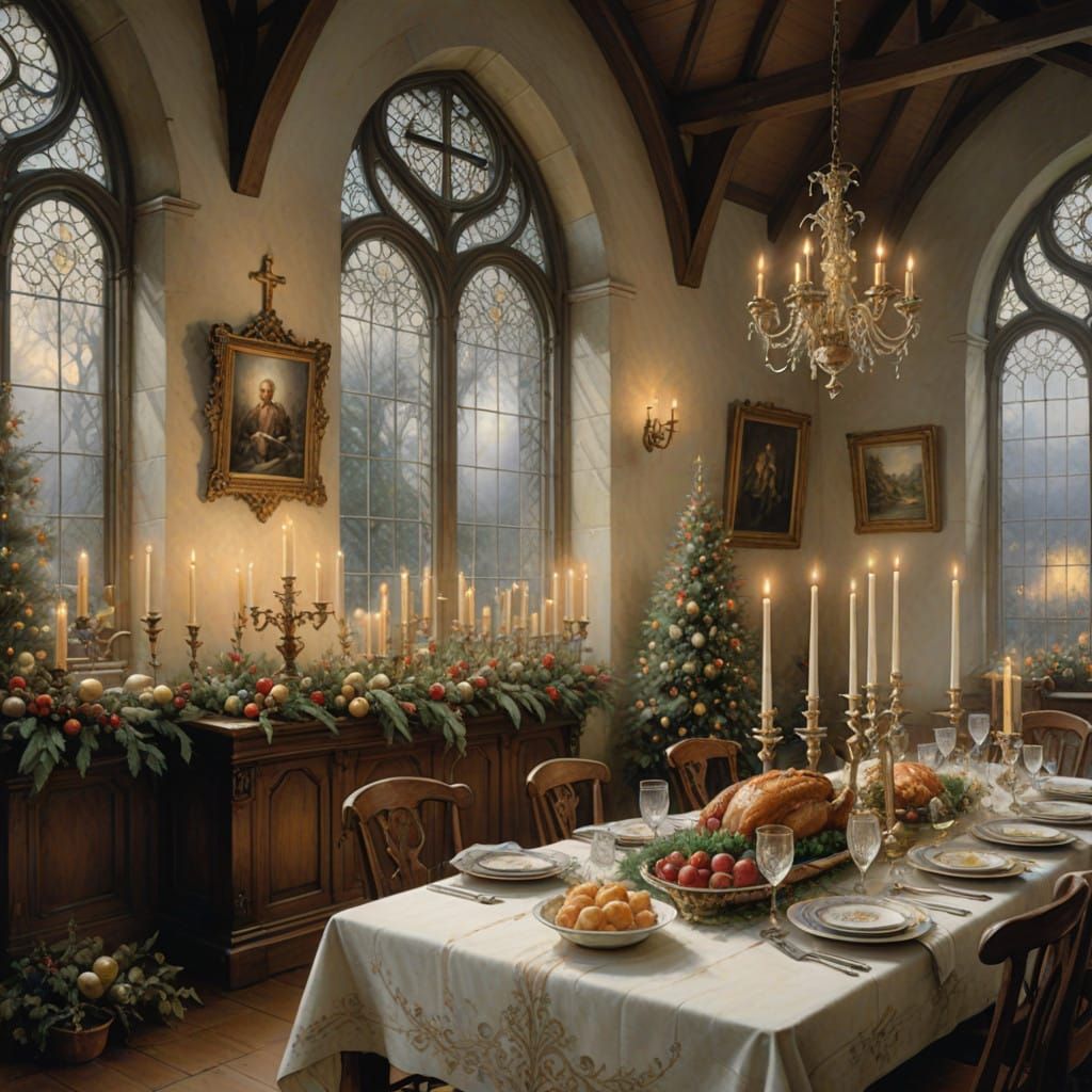 Cozy Christmas Gathering in Whimsical Church Hall