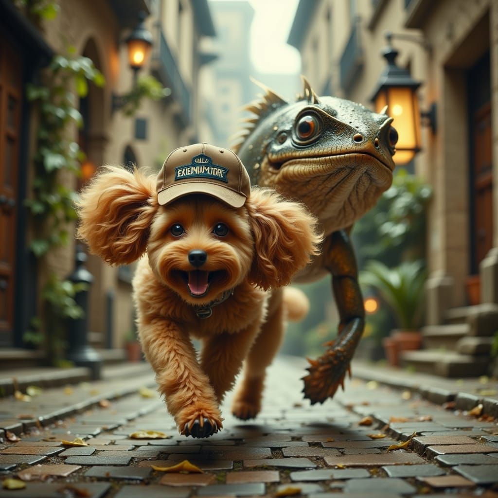 Poodle Chasing Lizard in Hyperrealistic Digital Art