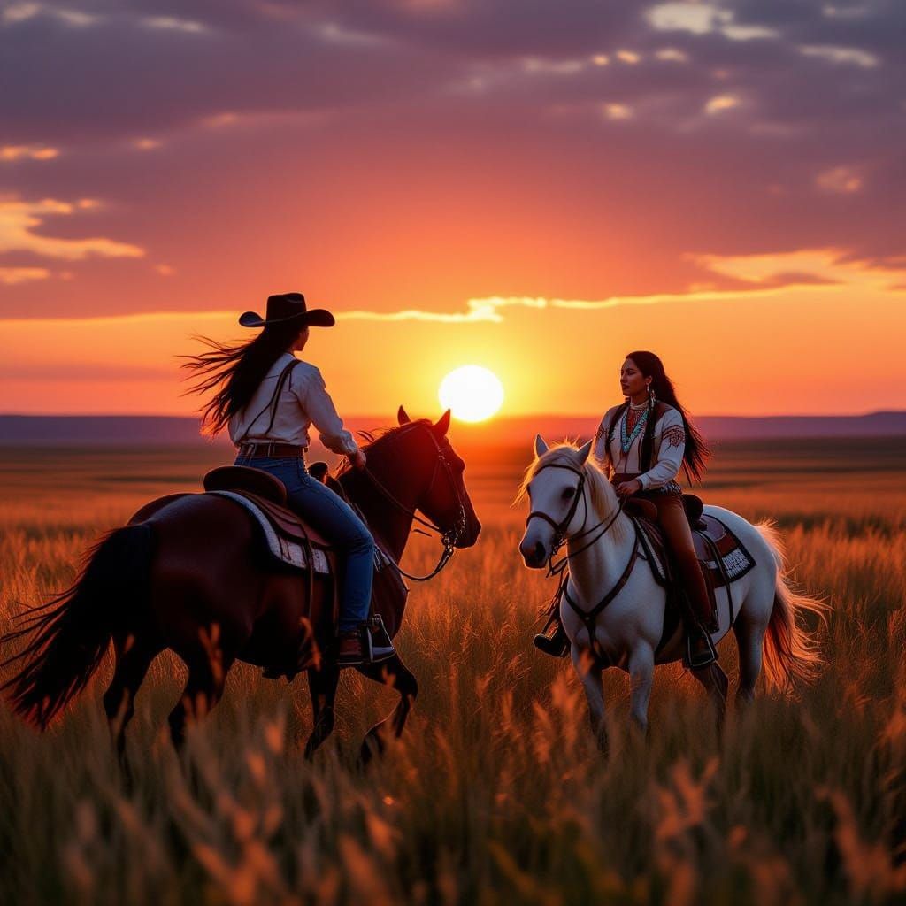 Cowgirl and Native Woman Ride Prairie at Sunset