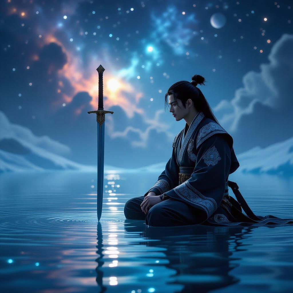 Man Kneeling on Water Reflection in Cosmic Vista