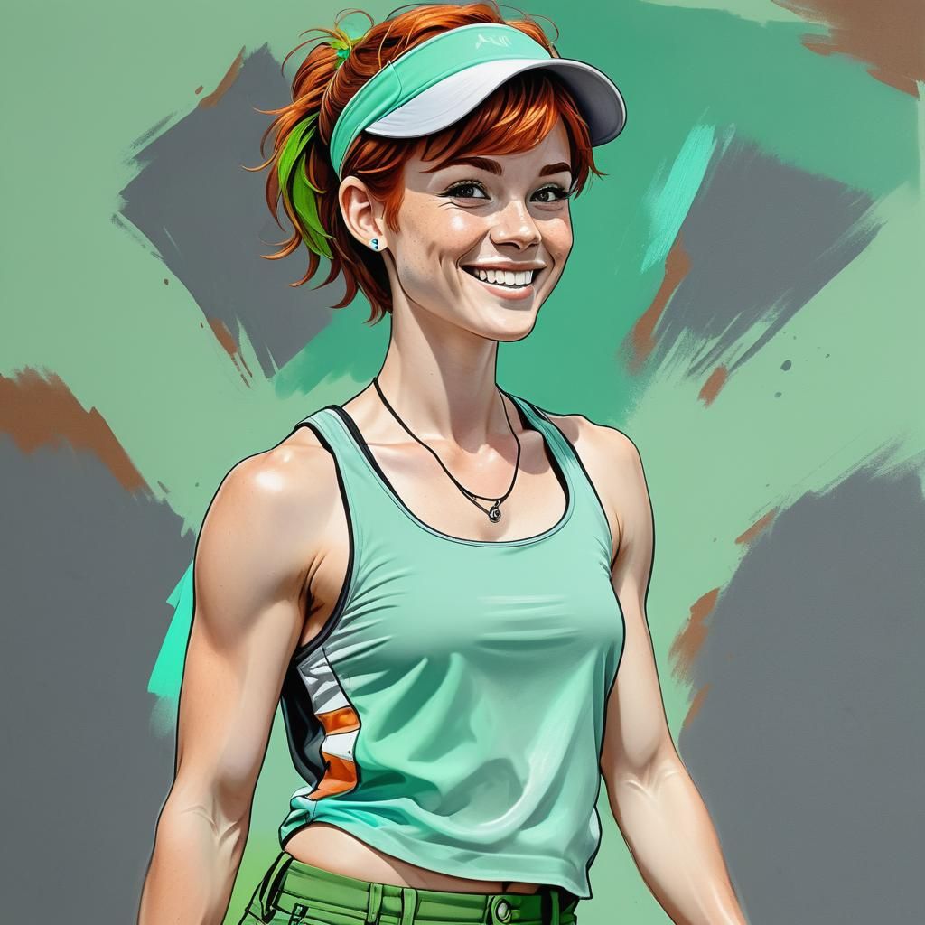 Muscular Woman with Auburn Hair in Charcoal Drawing