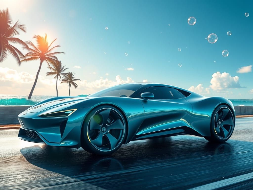 Futuristic Car on Tropical Coast in Frutiger Aero Style