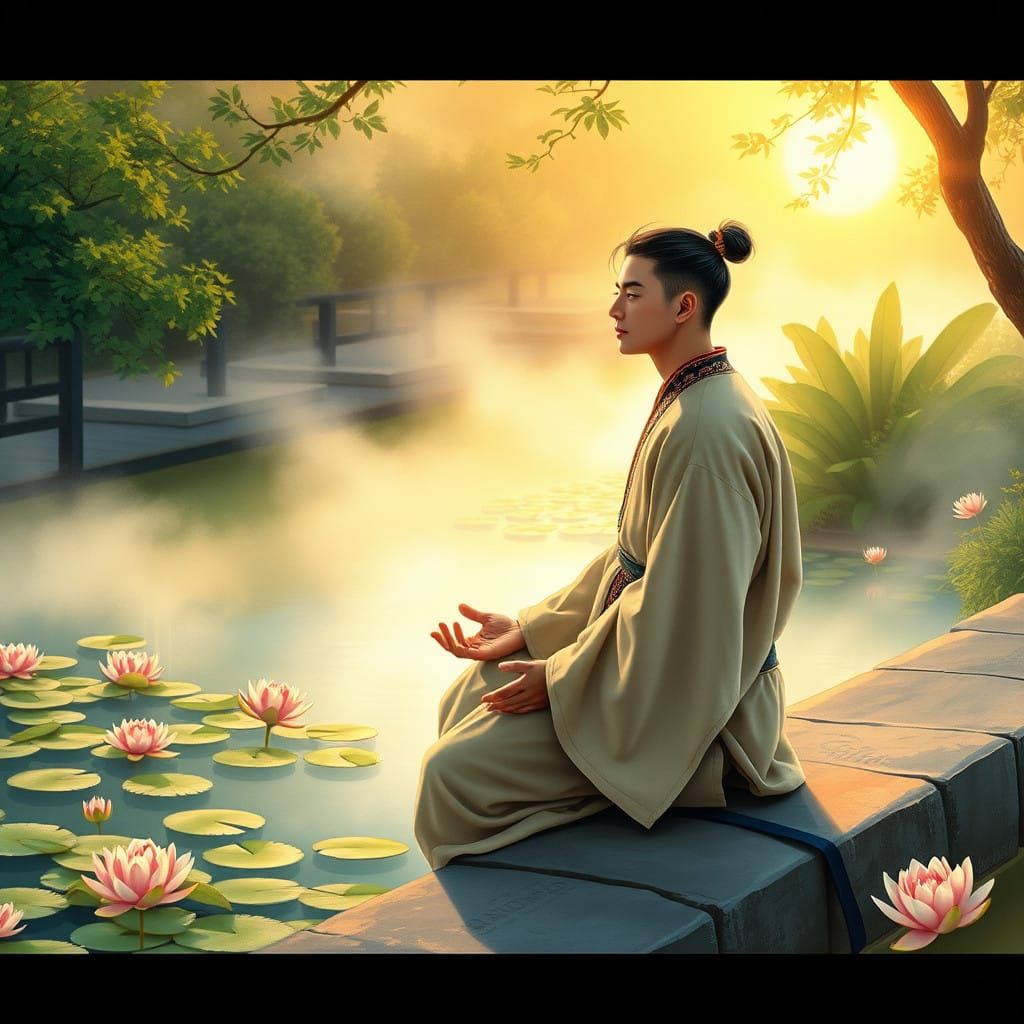 Young Oriental Man Meditates by Serene Pond at Sunrise
