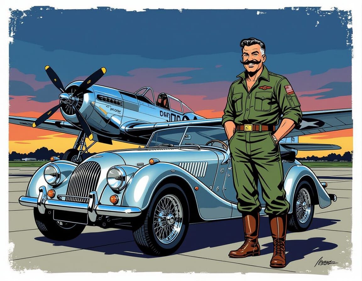 Fighter Pilot and Classic Car in Comic Book Style