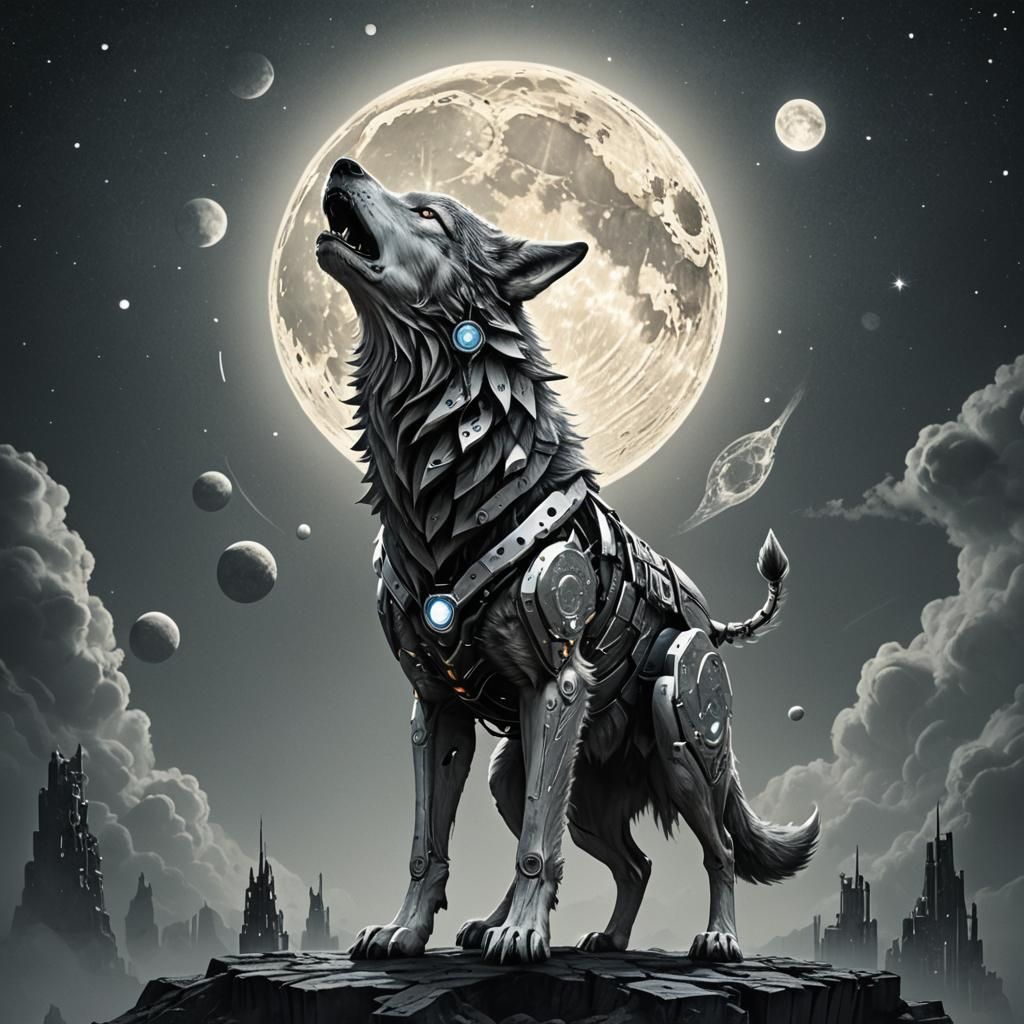 Cybernetic Wolf Howling at Two Moons