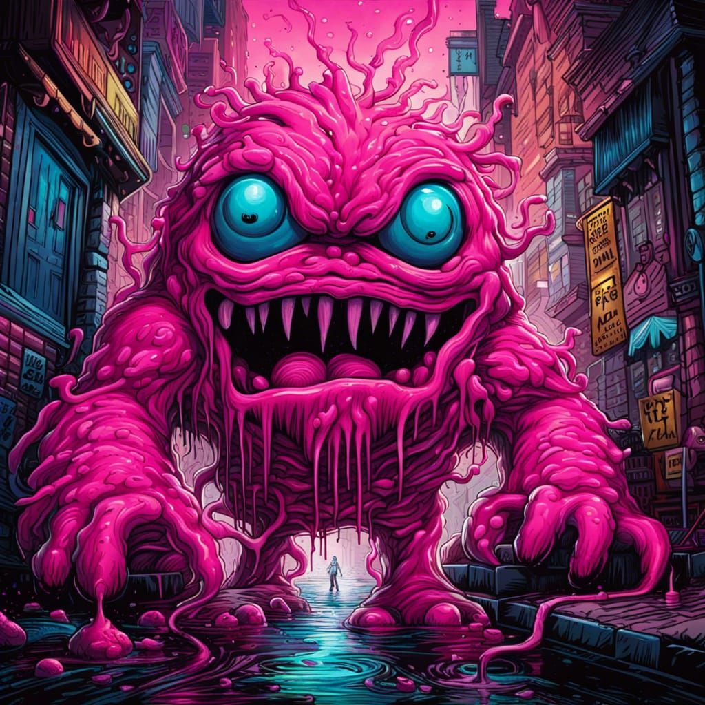 Pink Monster Graffiti Art at Night