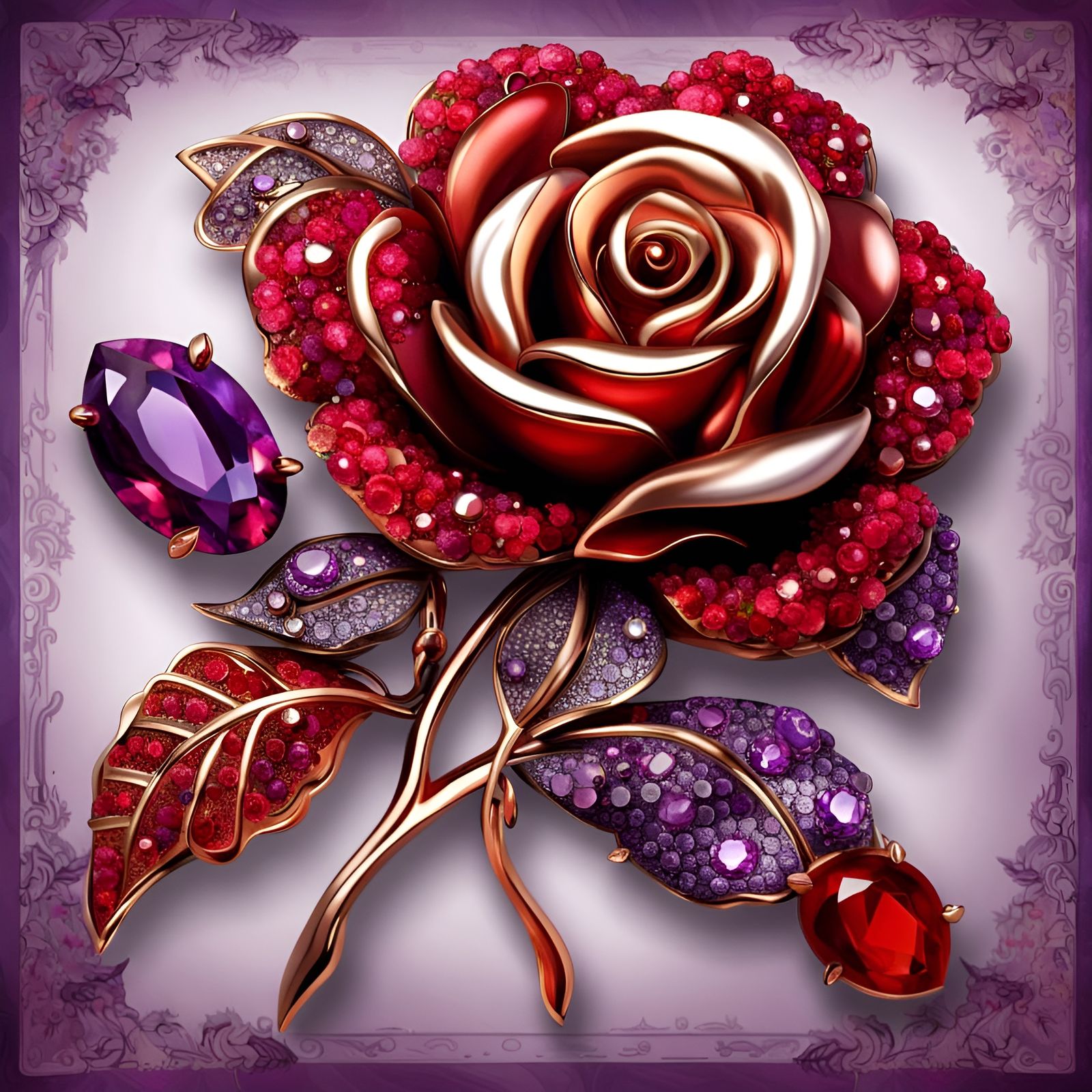 Red and Purple Rose Gemstone Brooch