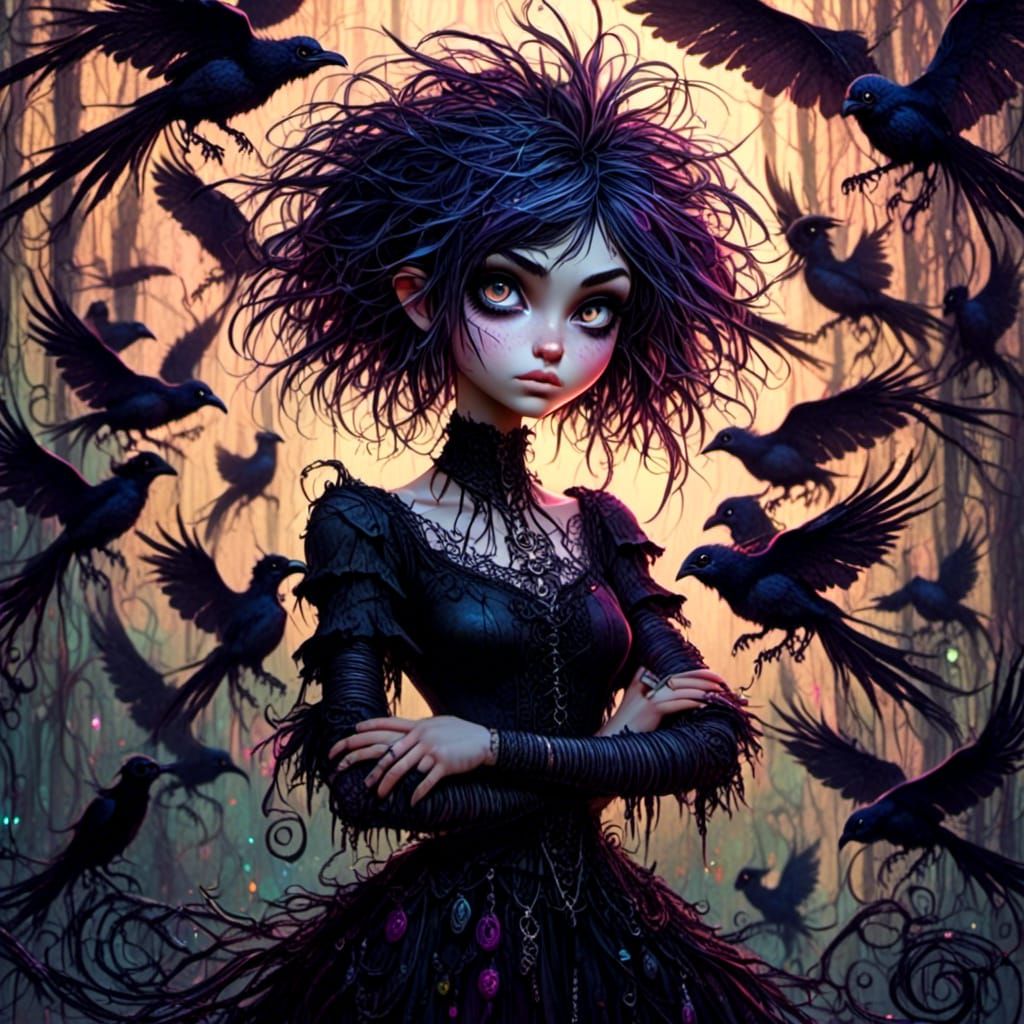 Gothic Punk Girl with Ravens in Fairytale Scene