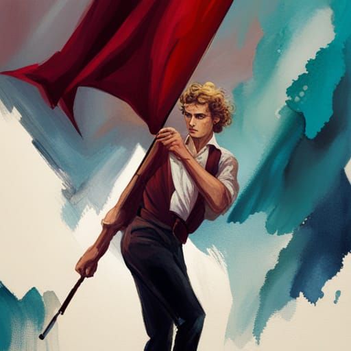 Young Man with Blond Hair Holding Red Flag