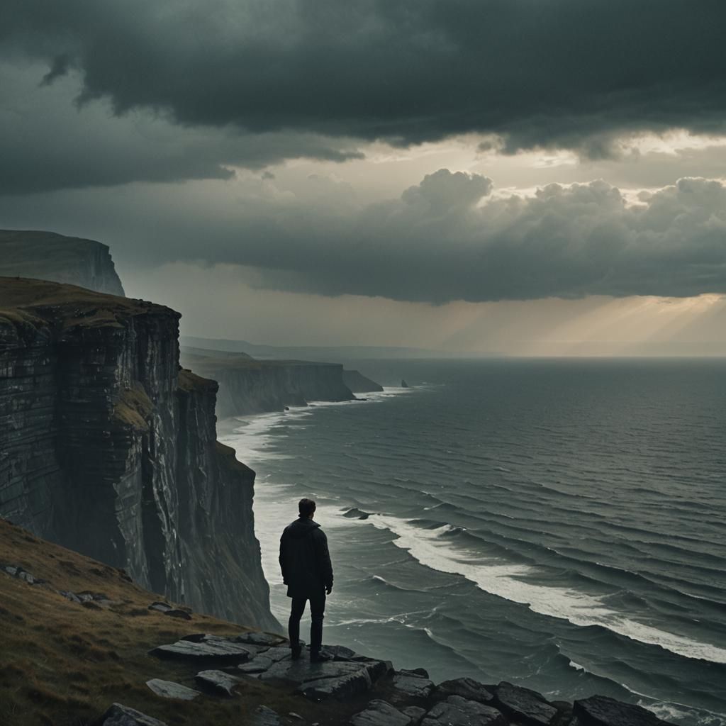 Dramatic Cliffside Scene in Film Noir Style