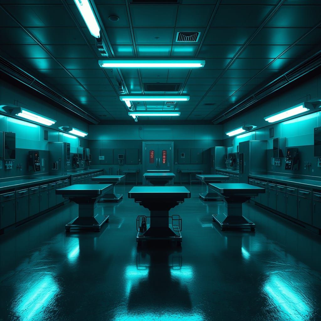 Futuristic FBI Morgue in Eerie Blue-Green Glow