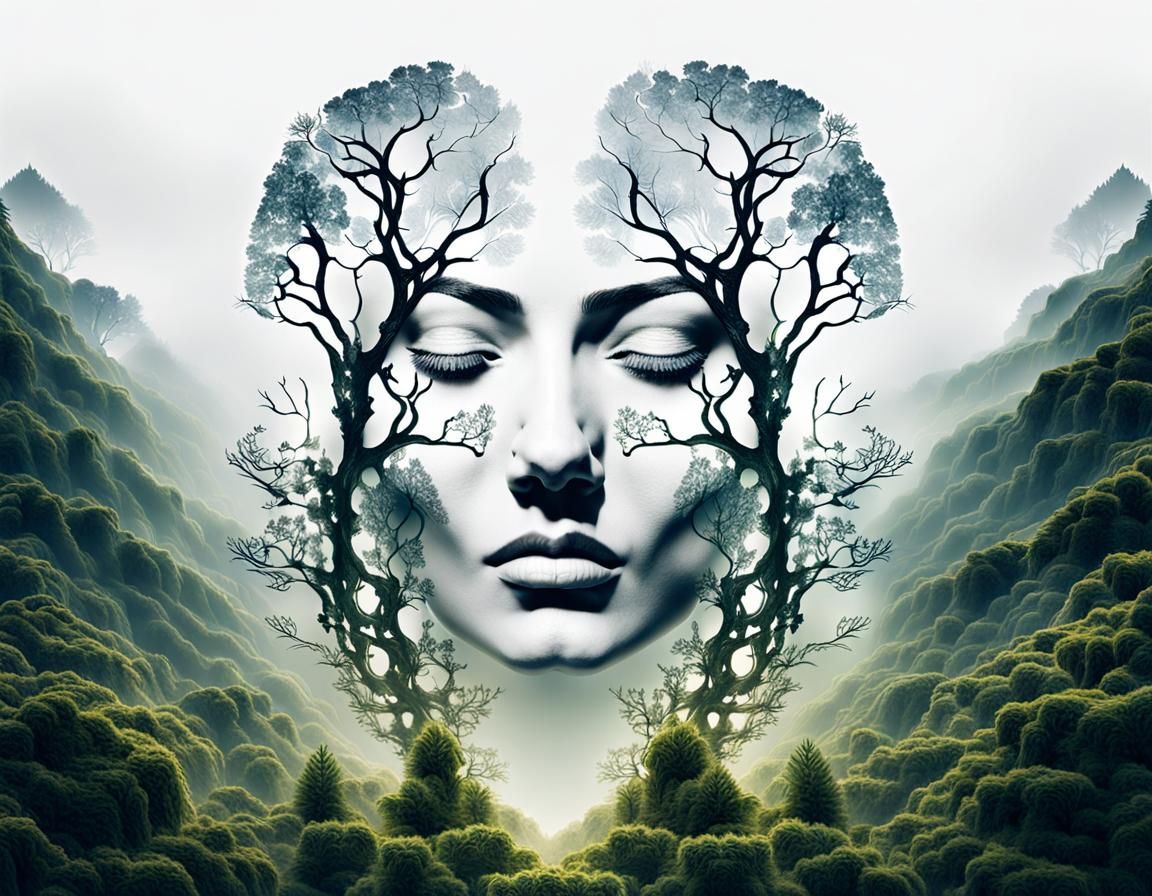 Surrealist Face Merged with Nature in Double Exposure