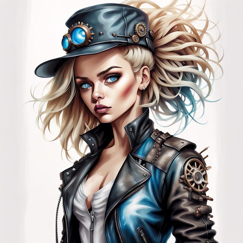 Steampunk Biker Woman in Airbrush Illustration