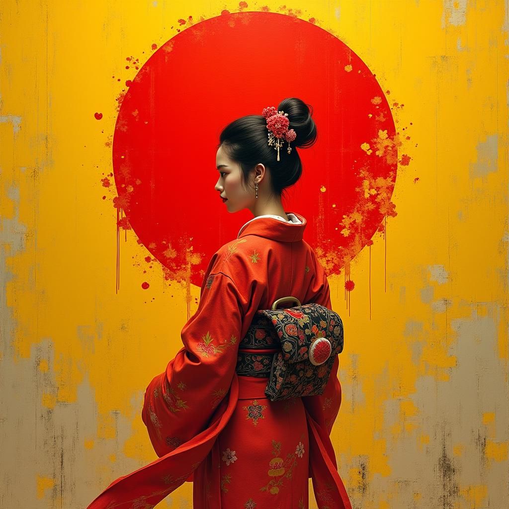 Japanese Woman in Red Kimono: Impasto Oil Painting