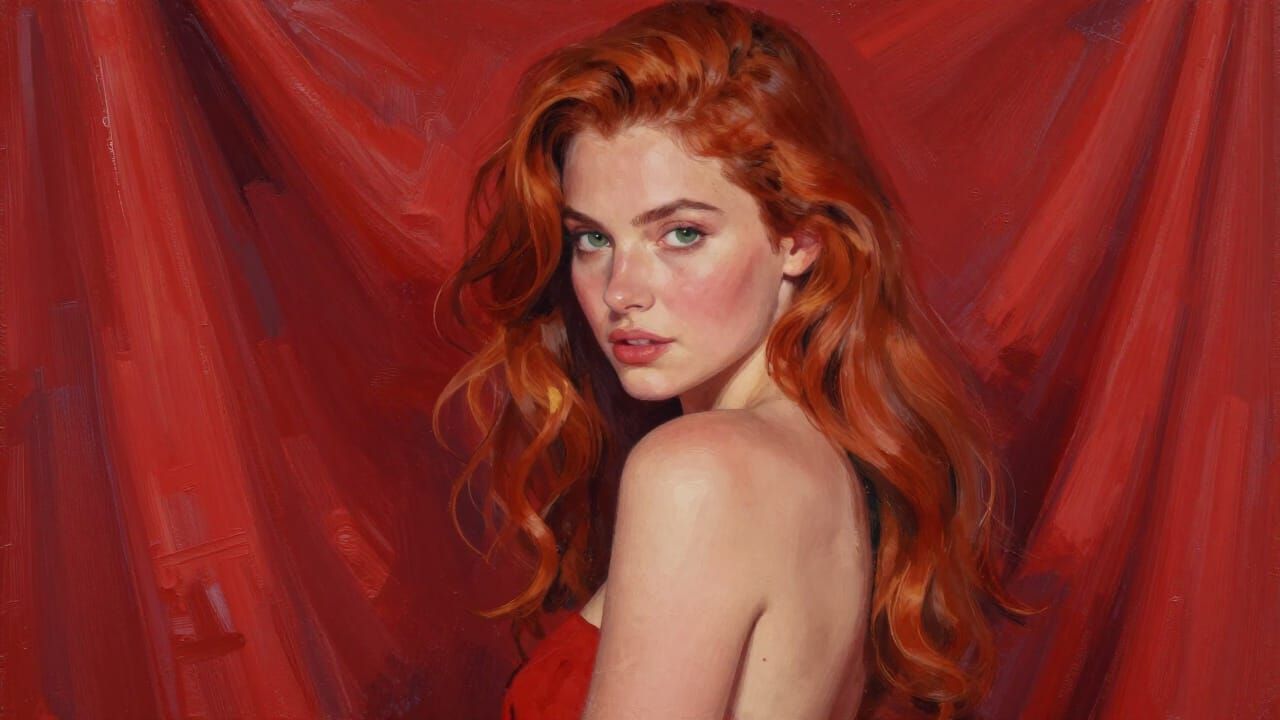 Auburn Haired Woman in Crimson Drapes, Gouache Style
