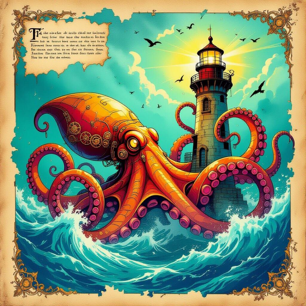 Steampunk Kraken Attacks Lighthouse: Golden Age Illustration