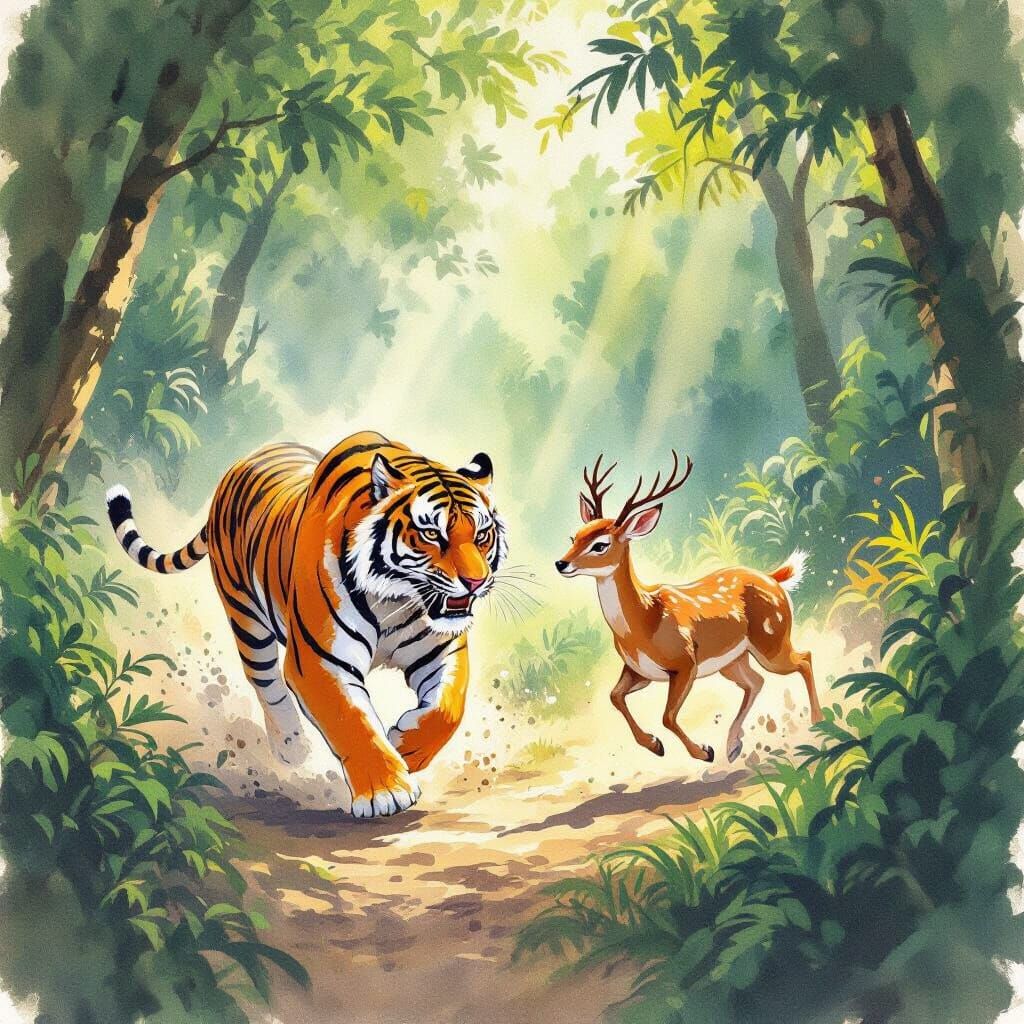 Tiger Chases Deer Through Jungle in Expressive Watercolor St...