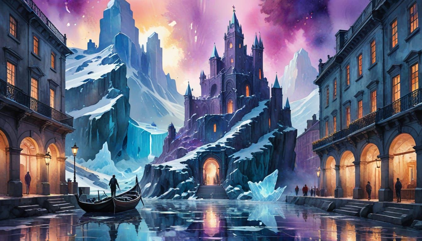 Ethereal Ice City Under Antarctica's Glowing Skies