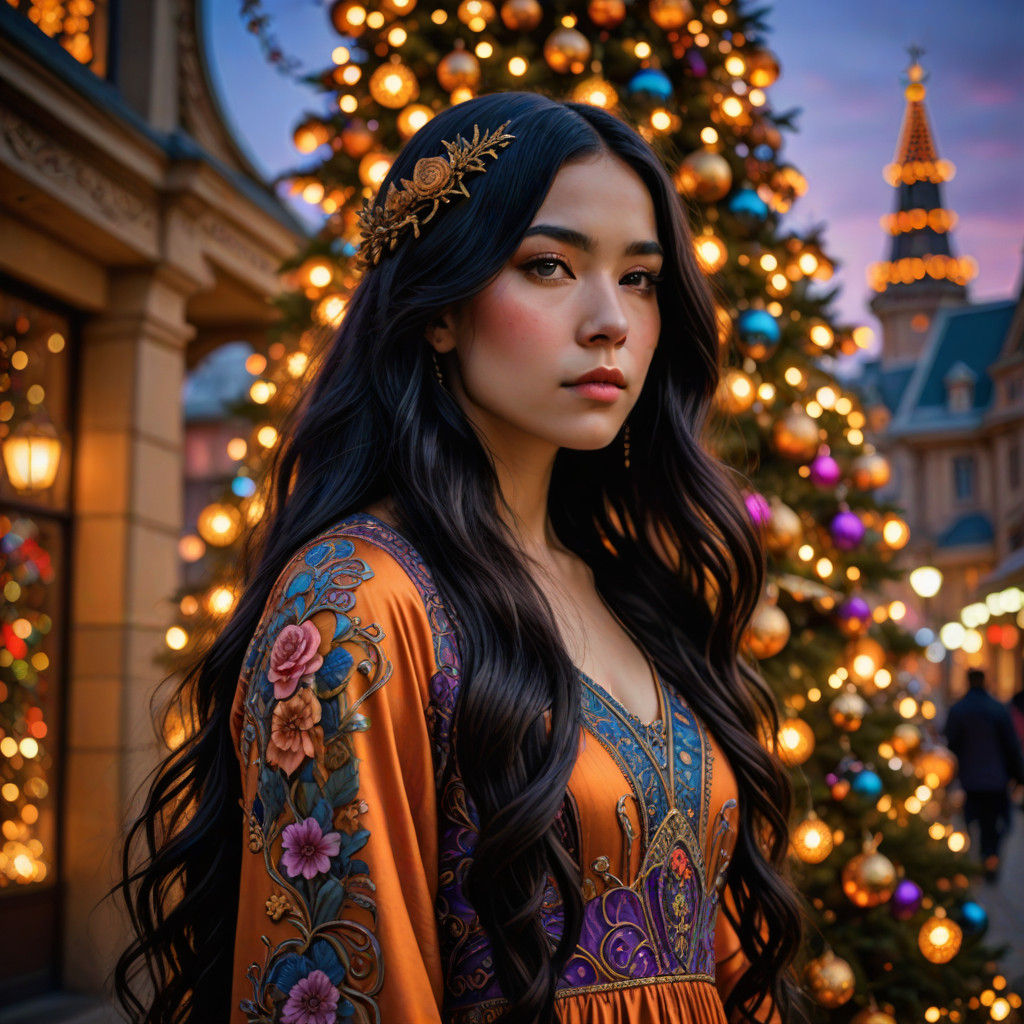 Jugendstil Girl in Vibrant Rose Dress Before Christmas Tree....