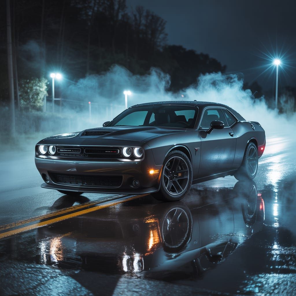 Menacing Black Dodge Challenger on Wet Night Road