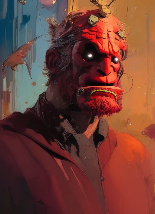 Hyperdetailed Hellboy Portrait in Bold Triadic Colors