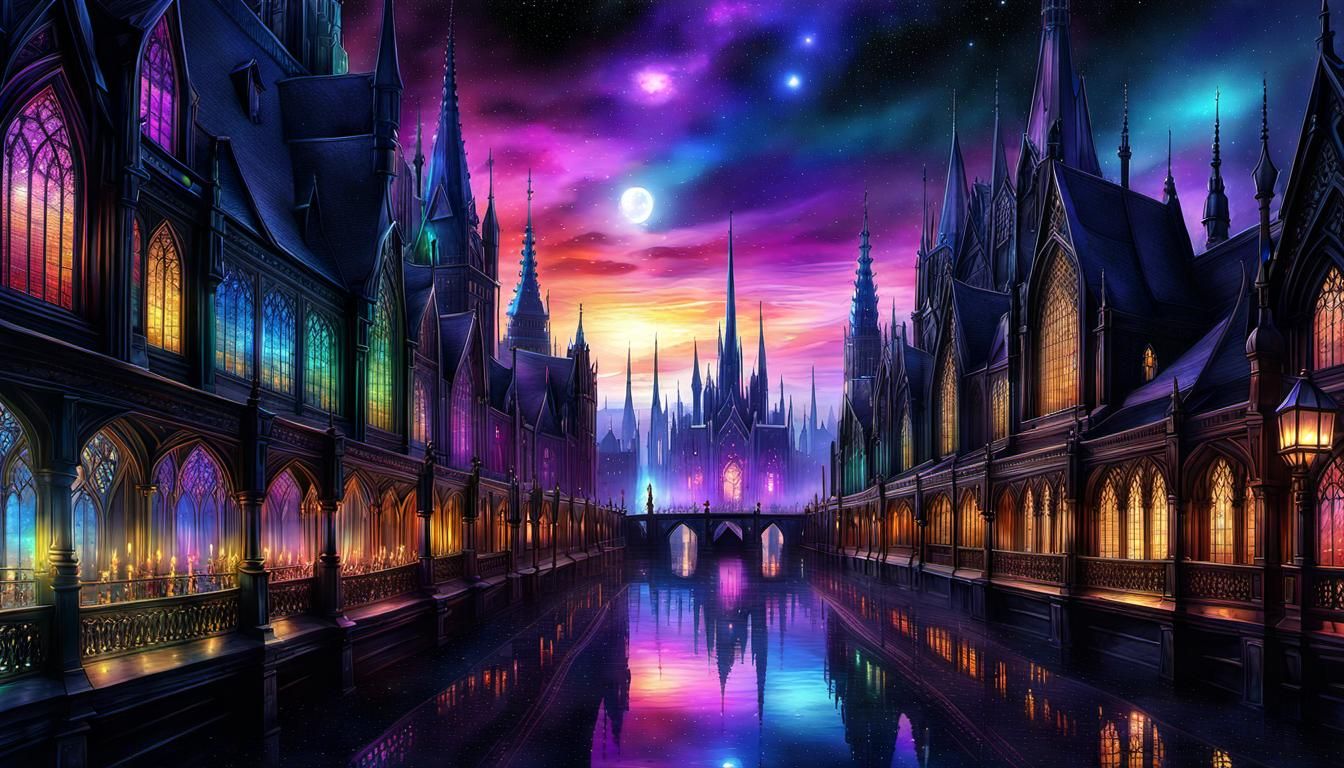 High Gothic Empire at Night: Digital Watercolor Art