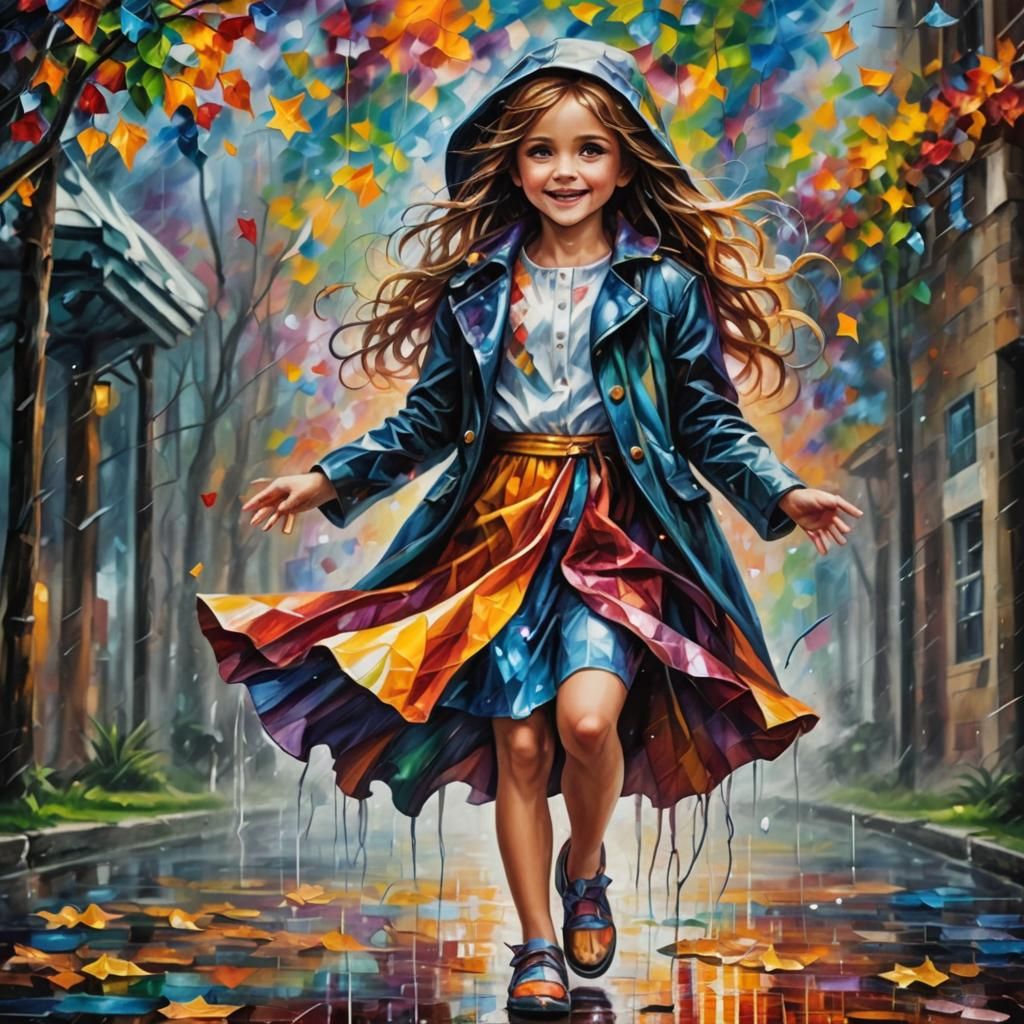 Happy Child Plays in Rain: Photorealistic Art