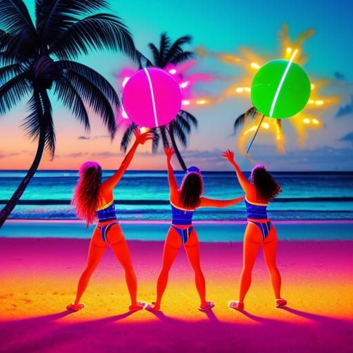Neon Beach Party with DJs in Digital Art