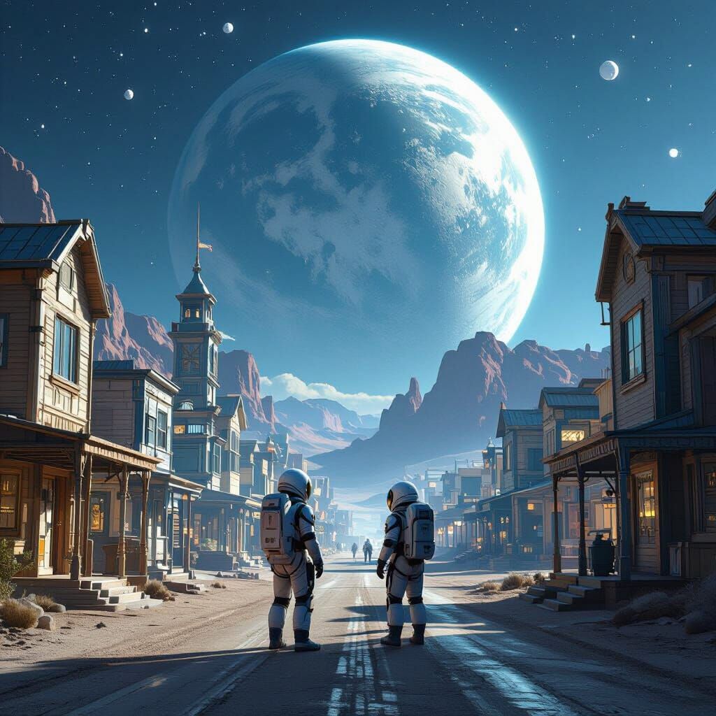 Futuristic Lunar Frontier City with Astronauts in Retro-futu...