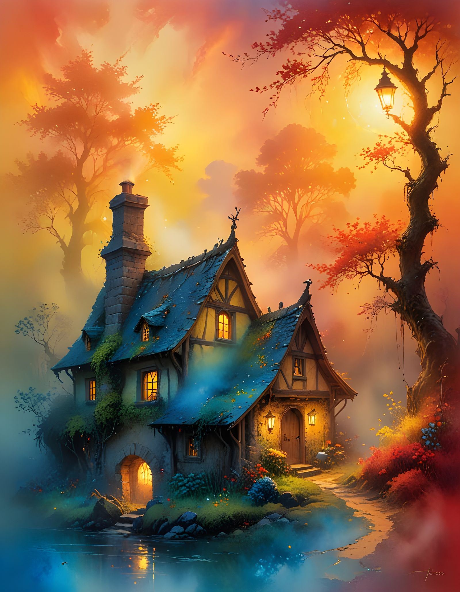 Ethereal Sunrise Cottage in Foggy Forest