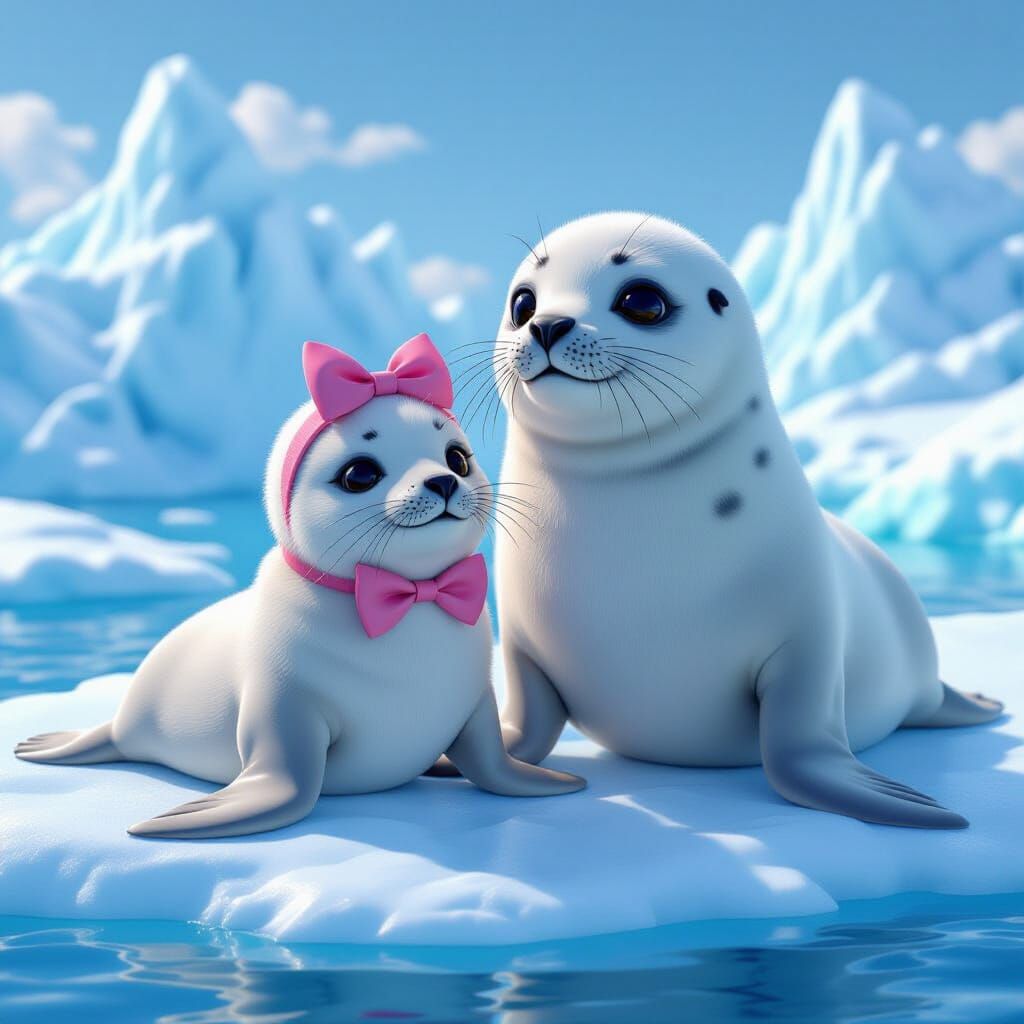 Cute Baby Seal with Pink Bow on Iceberg