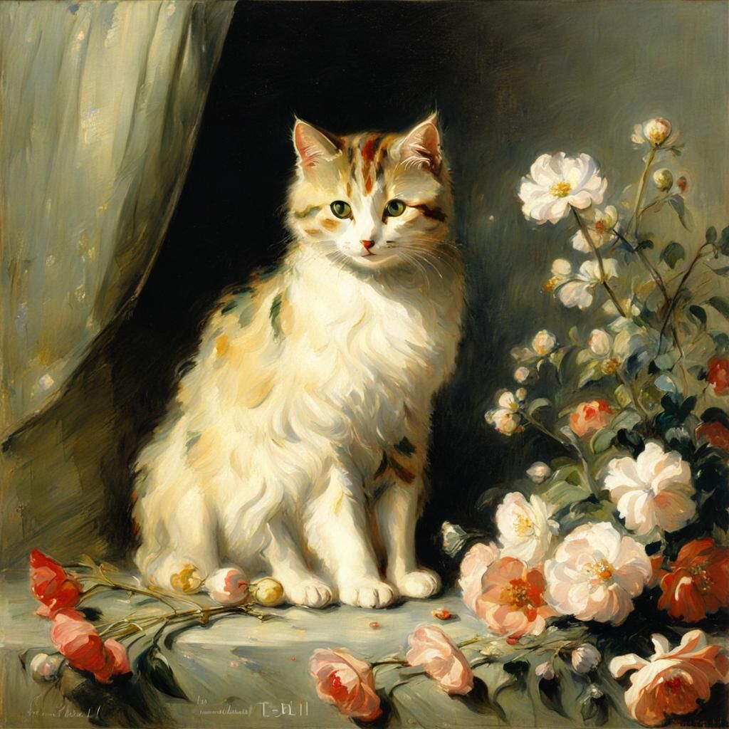 Cute Cat Surrounded by Flowers in Impressionist Style