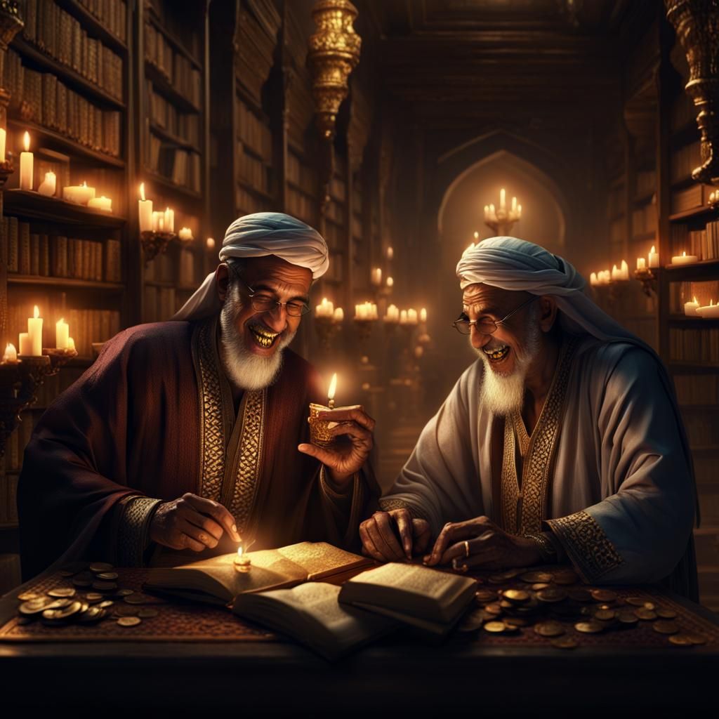 Arabic Men Writing by Candlelight, Detailed Matte Painting