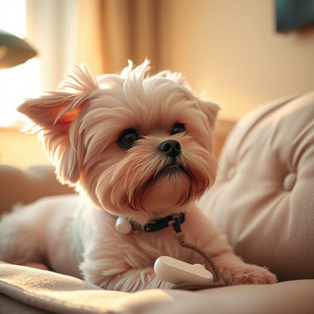 Pink Shih Tzu Listens to Music: Fashion Photography