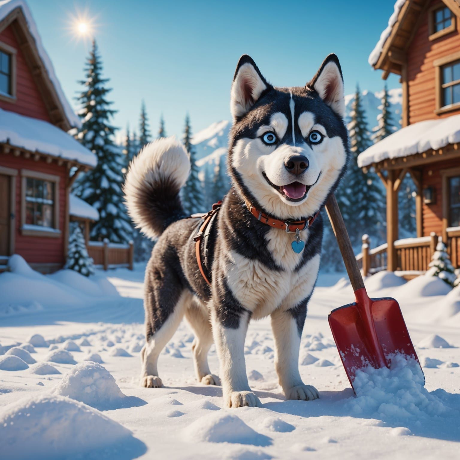 Vibrant Cartoon Husky Shovels Snow in a Disney-Inspired Styl...