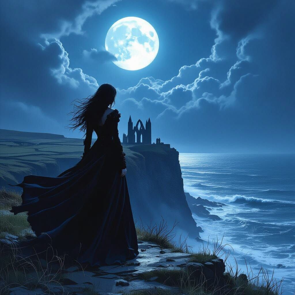 Gothic Woman on Windswept Cliff Under Moonlight