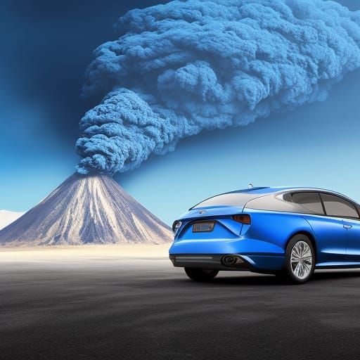 Blue Car Parked Near Erupting Volcano: Concept Art