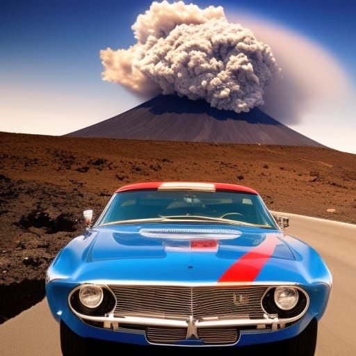 Blue Car near Erupting Volcano: Concept Art