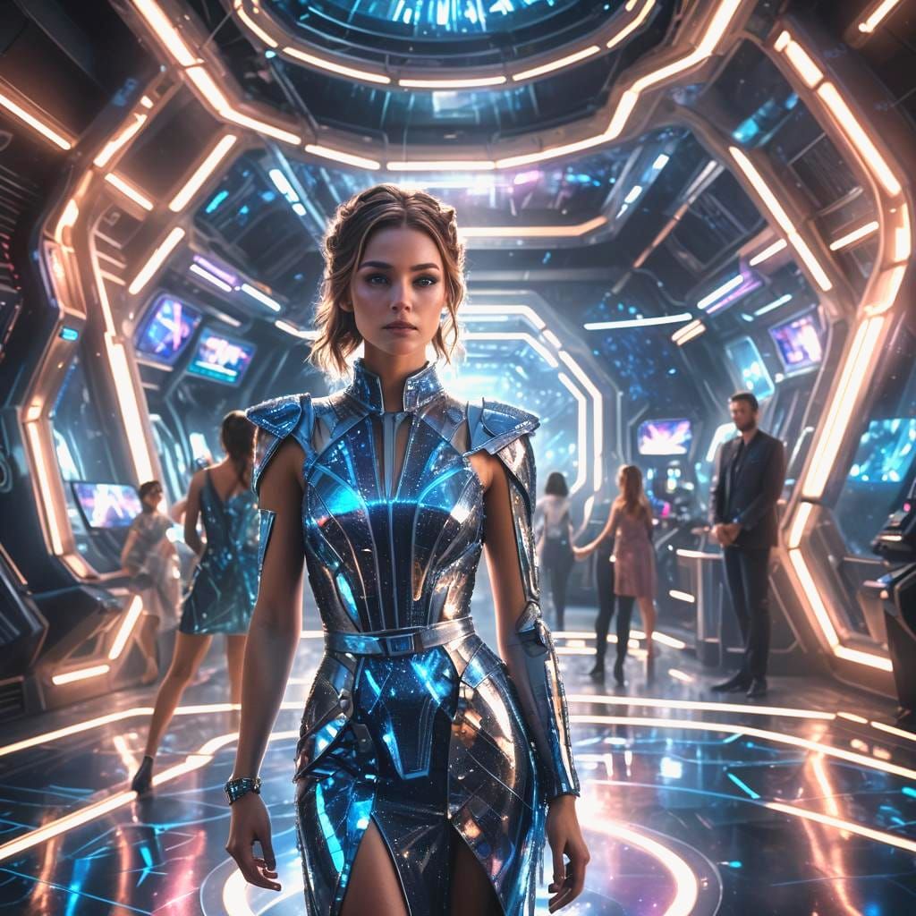 Futuristic Woman in Spaceship Entertainment Area