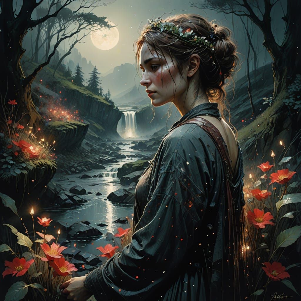 Lush Summer Landscape Under Ethereal Moonlight