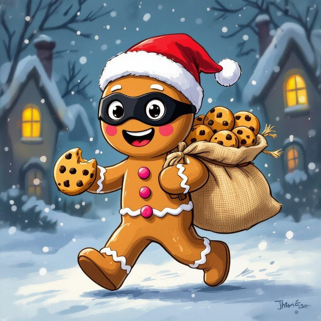 Gingerbread Man Runs Left with Cookies, Santa Hat & Mask