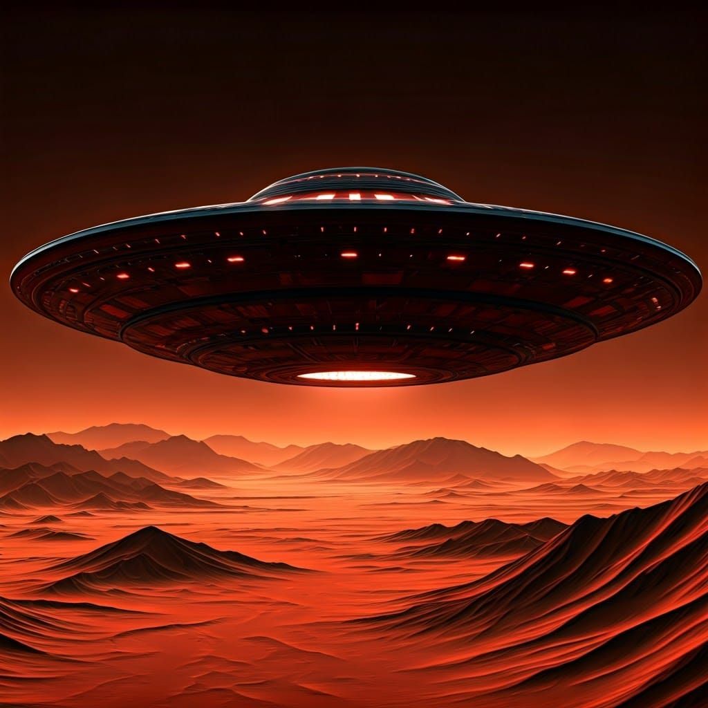Futuristic UFO Soars Over Mars in the Night